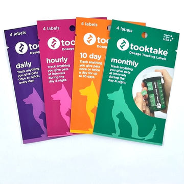 Tooktake Pet Medication Tracking Labels: Mixed 4-Pack - 1 pack each of Daily, Hourly, 10 Day, and Monthly labels. All meds.
